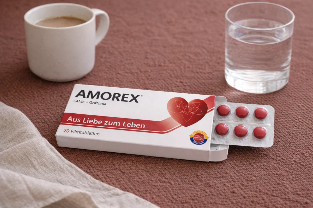 Opened Amorex package next to coffee cup and a glass of water